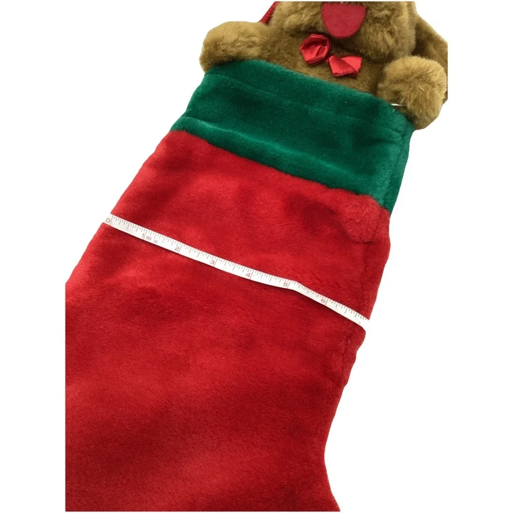 VTG Brown Dog Head Plush Red Green Velour Christmas Stocking 14